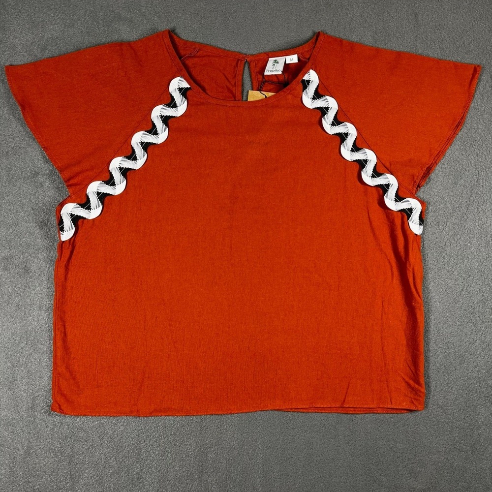 Tropiko Women Top Rust Orange Linen Blend M Boho‎ Ric Rac Trim Short Sleeve